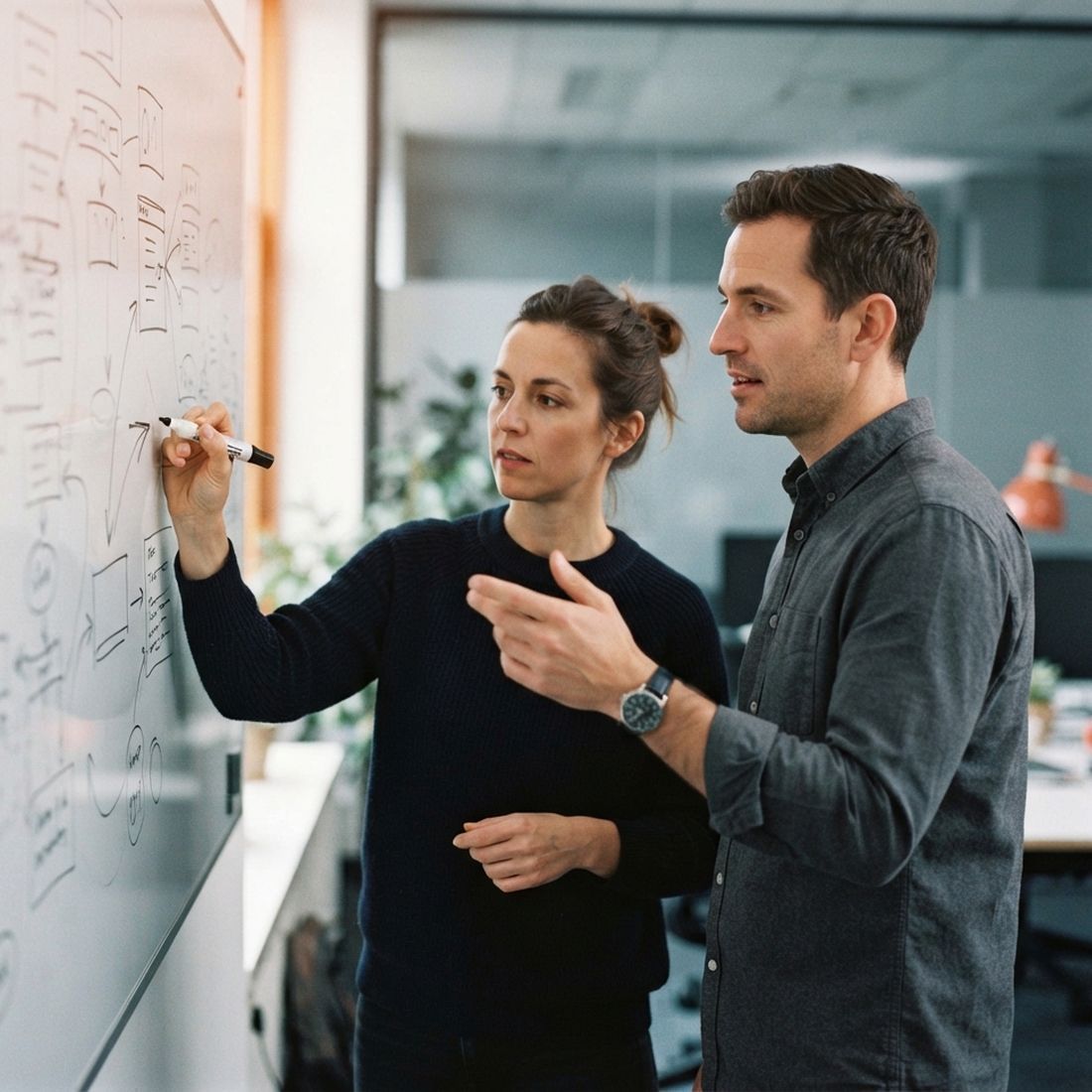 Deux consultants élaborent une approche sur un tableau blanc