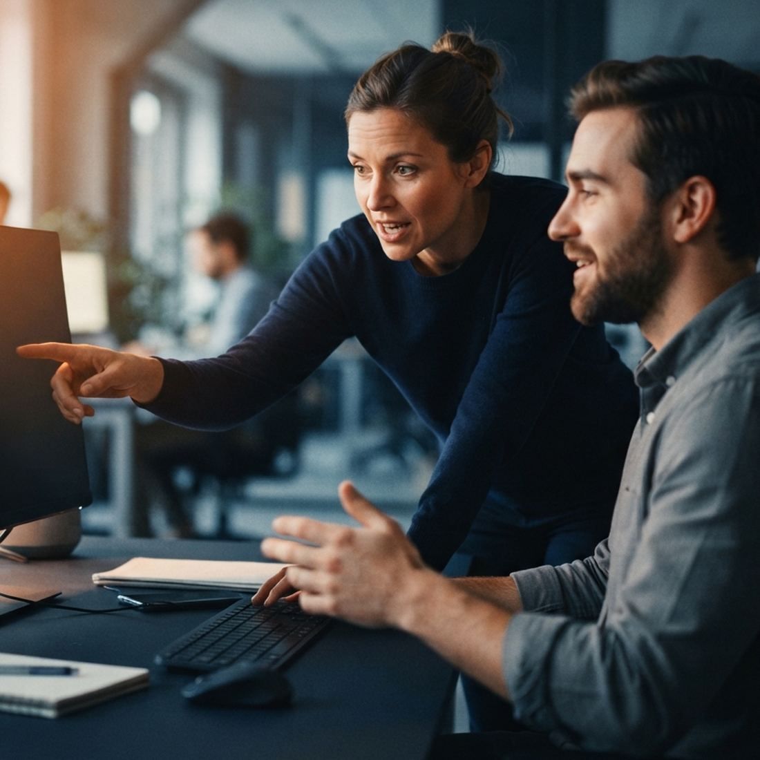 Un consultant et un collaborateur IT passent le travail en revue devant un écran